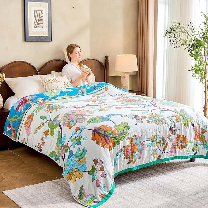 XIBLC Summer Throw Blanket, 80"x90" Reversible Bohemian Flower Blanket, 100% Cotton Muslin Breathable Woven, Farmhouse Decorative Throw Blanket