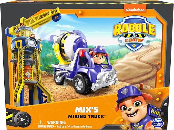 Rubble & Crew, Mix’s Cement Mixer Toy Truck with Action Figure and Movable Construction Toys, Kids Toys for Ages 3 and Up