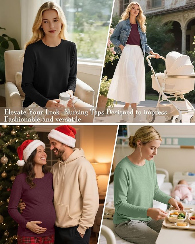 3 Pack Nursing Tops for Breastfeeding Maternity Shirts Zipper Long Sleeve Round Neck Knit Casual Nursing Clothes