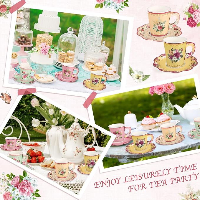 24 Sets Vintage Floral Tea Party Cups 7 OZ Disposable Paper Cups with Handle and Plates Teacups and Saucer Sets for Tea Party Decorations Garden Party Baby Bridal Shower Birthday(Vintage Style)