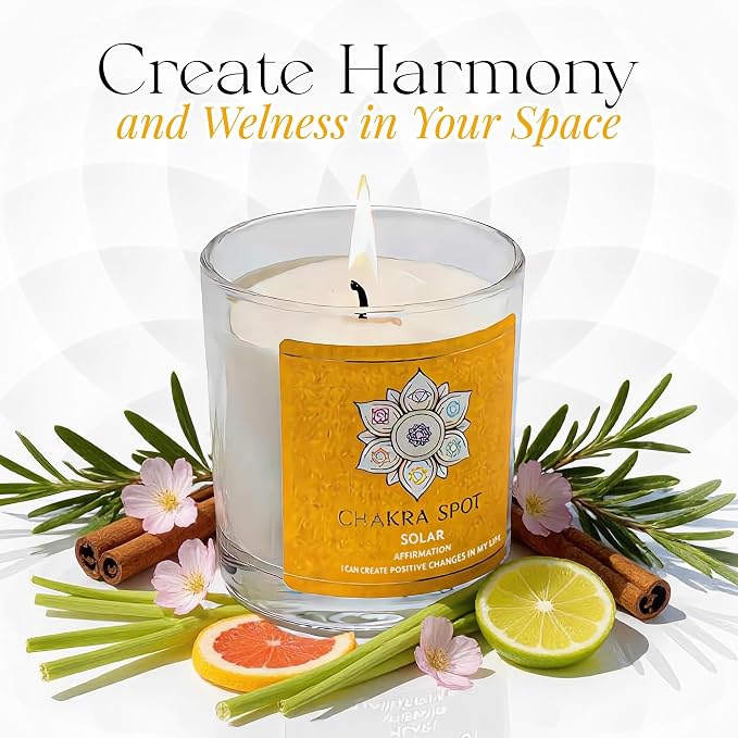 Solar Chakra Candle - Manipura Energy for Confidence & Personal Power, Uplifting Aromatherapy with Lemongrass, Grapefruit, Cinnamon, Cypress Essential Oils, Beeswax & Coconut Wax - 8oz