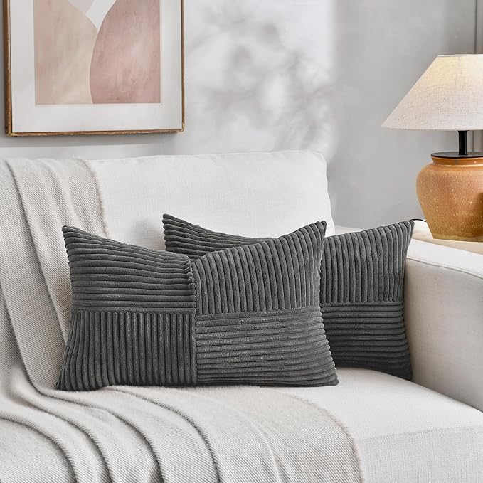 Fancy Homi 2 Packs Dark Gray Lumbar Decorative Throw Pillow Covers 16x32 Inch for Living Room Couch Bed Sofa, Farmhouse Home Decor, Soft Striped Corduroy Rectangle Accent Cushion Case 40x80 cm