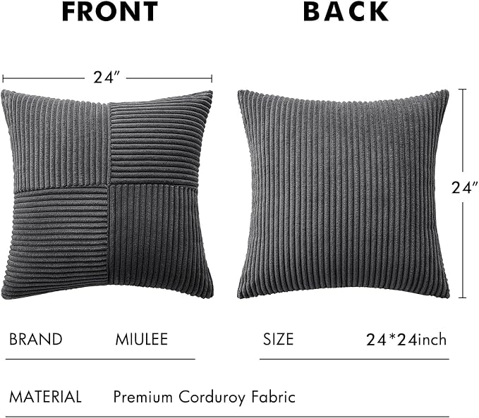 MIULEE Grey Decorative Euro Sham Pillow Covers 24x24 Inch 2 Pack | Boho Farmhouse Pillow Covers, Soft Cross Corduroy Patchwork Textured Cushion Cases For Couch Bed Sofa