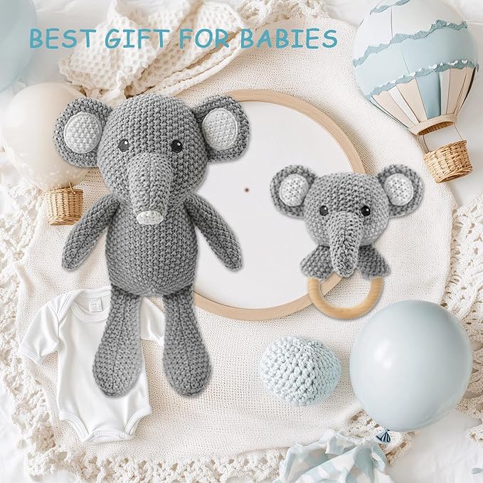 Baby Elephant Stuffed Animals for Babies 2Pcs Cute Calf Plush Toys Set: 10" Grey Elephant Plush Doll and 5.9" Baby Teething Rattle Soft Baby Boy Girl Gifts for Birthday,Easter,Christmas