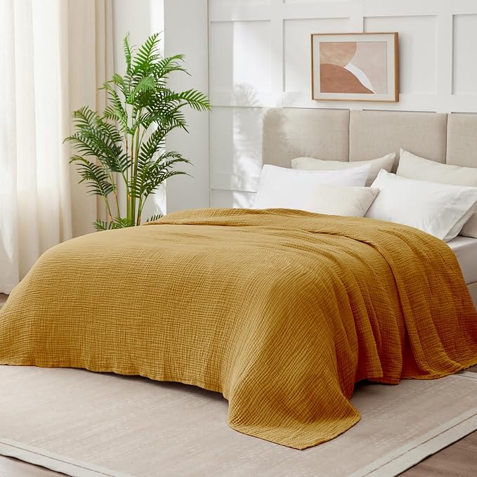 100% Cotton Muslin Blanket California King 120" x 90", 6 Layers Breathable and Lightweight Oversized Blankets for Bed, Soft Cooling Gauze Blanket for Adults All Season, Camel
