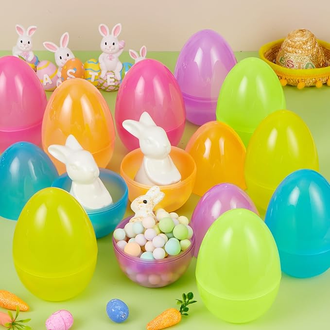 JOYIN 6 Pcs Large Clear Easter Eggs, 6 Inches Jumbo Plastic Eggs Fillable for Easter Themed Hunt Colorful Basket Stuffers Fillers Filling Treats Party Favor Classroom Prize Supplies