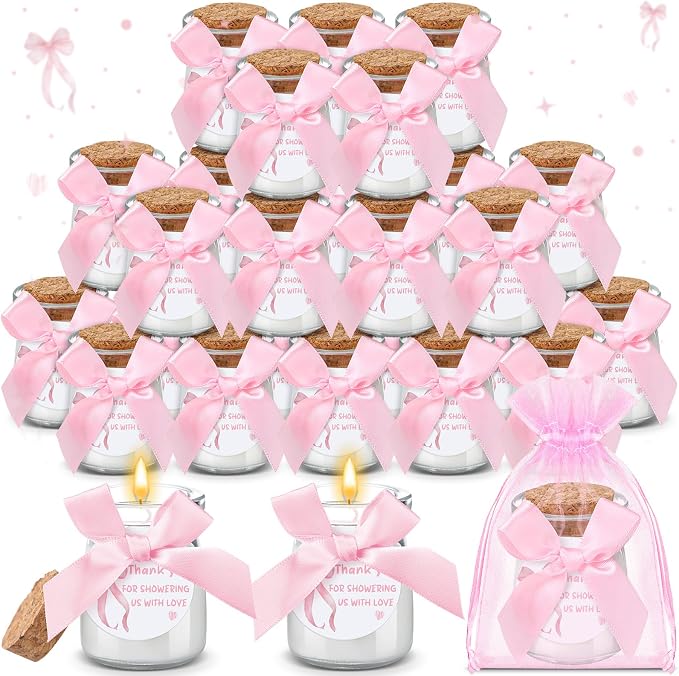 Threlaco 20 Pcs Bow Baby Shower Favors Party Candle Lavender Scented Glass Mason Jar Wax Candle Bulk for Guests Girl Boy Gender Reveal Party Gifts(Pink)