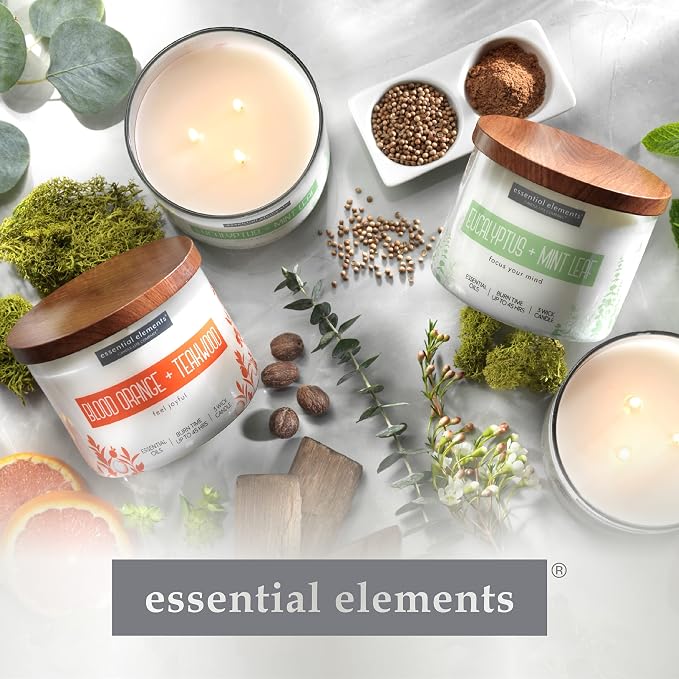 Essential Elements by Candle-lite Scented Candles Eucalyptus & Mint Leaf Fragrance, One 9 oz. Single-Wick Aromatherapy Candle with 50 Hours of Burn Time, Off-White Color