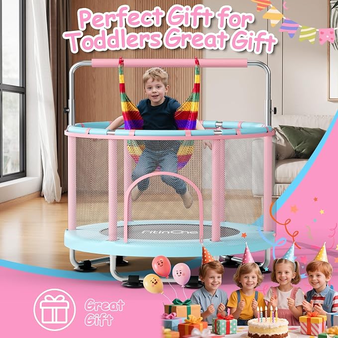 55" Toddler Mini Trampoline for Kids, Indoor Outdoor Toys with Swing, 440lbs Baby Kids Trampoline, Gymnastics Bar, Birthday Gifts for Boy Girl Age 1-8