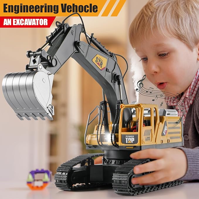 Remote Control Excavator Toys for Boys,14 Channel 1:14 RC Digger Construction Toys Tractor,Simulated Smoke, Sound, Lighting, Metal Digging Head, for Boys 6 7 8 9 10 11 12