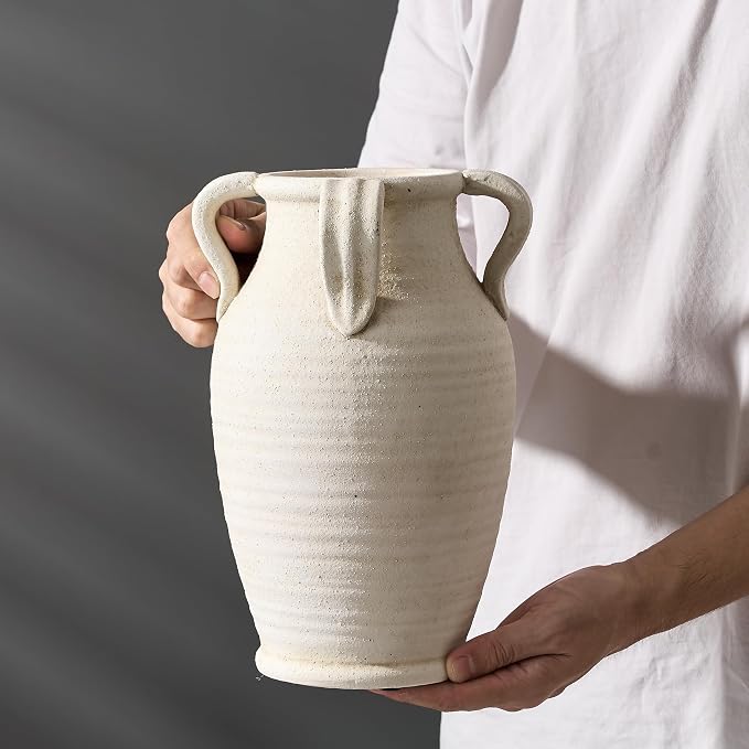 Emotionally Grounded Vase, Vaseking Large Ceramic Rustic Vase with 4 Handles, 10.83 inch Minimalist Decorative Farmhouse Tall Vases for Home Decor, Living Room, Enterway, Table Decoration, Fossil