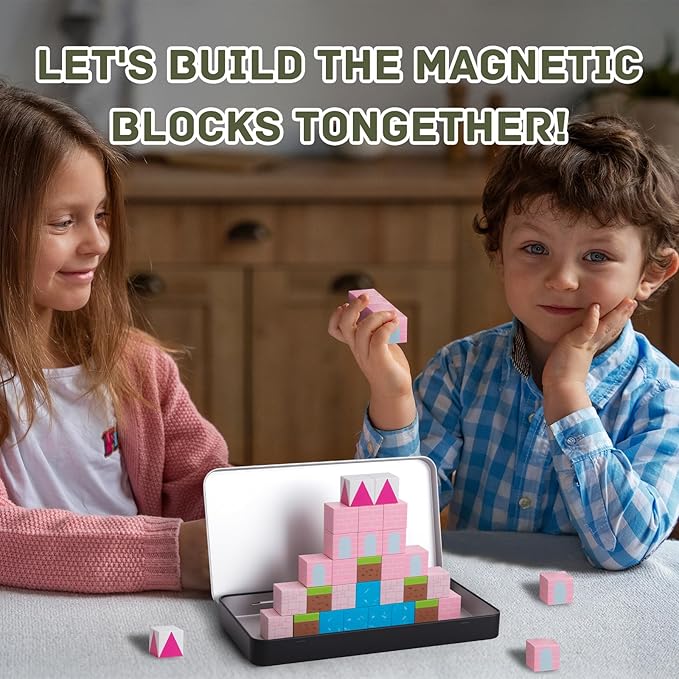 Mini Portable Magnetic Blocks with Iron Storage Box - Travel Magnet Building Block for Toddler 1-3, STEM ConstructionToys for Kids Ages 4-8, Educational Learning Toy Gift for Girls -Castle