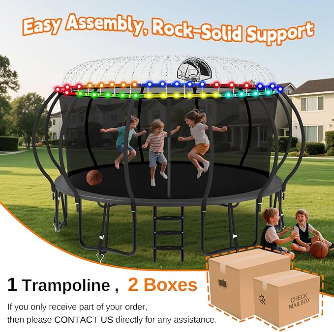 DeepRoar 2026 Upgraded 8/10/12/14/15/16FT Pumpkin Tranpoline for Kids, Heavy Duty 1500LBS Outdoor Tranpoline Set with Basketball Hoop, Light, Sprinkler & Socks, Recreational Trampolings, ASTM Approved