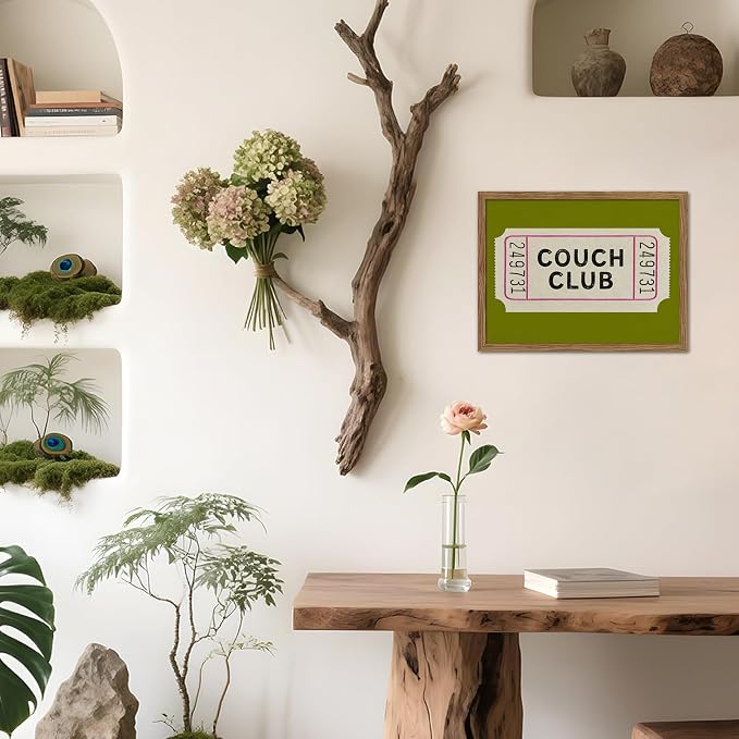 Vintage Framed Wall Art, Couch Club Ticket Canvas Wall Decor Painting, Retro Green Minimalist Quote Poster Print Picture for Living Room Bathroom Home Decor 12x16 Inch