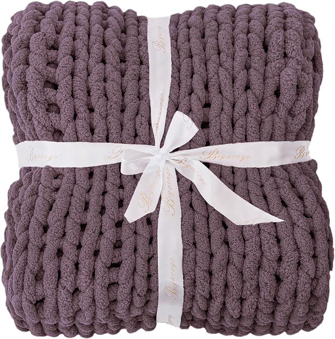 Bigacogo Chunky Knit Throw Blanket for Couch, 40x80 inches, Winter Grape | Hand Knit with Jumbo Chenille, Soft Breathable Cable Knit for Sofa Bed Living Room, Machine Washable, Gift for Mom Friend