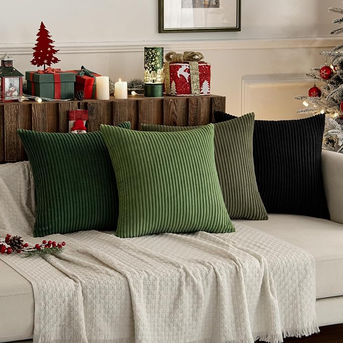 MIULEE Soft Corduroy Decorative Throw Pillow Covers Neutral Green 18x18 | Set of 4, Mordern Nordic Decor, Forest Bath Green Collection, Boho Farmhouse Cushion Covers for Couch Bed Sofa Living Room