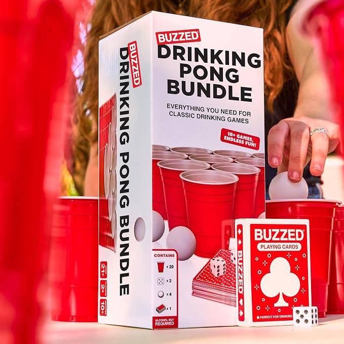 Buzzed Drinking Pong Bundle Kit – Bachelor Party Essentials for Drinking Games, Summer Party Activity for Adults, Outdoor & Poolside Fun, Includes Dice, Pong Balls, Cups & Cards for 10+ Ways to Play