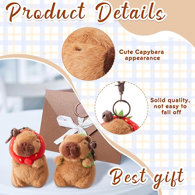 2 Pcs Capybara Plush Keychain Capybara Stuffed Animals Plush Pendant for Christmas Gifts Exchange Birthday Party(Turtle Bag, Strawberry Hood)