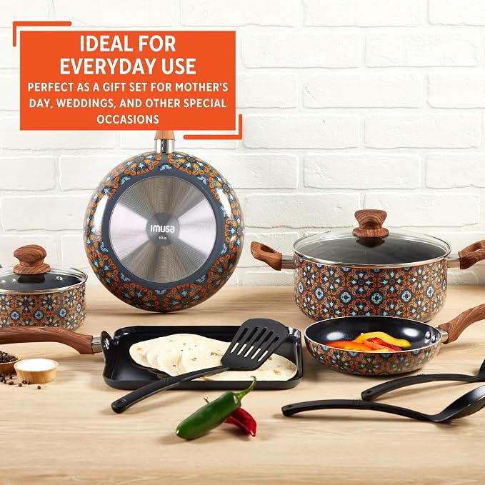 IMUSA 10 Piece Talavera Aluminum Black Ceramic Cookware Set | Black Ceramic Nonstick Coating, Cool-Touch Handles and Glass Lid, Ideal for Mexican Dishes, Great for Gifting