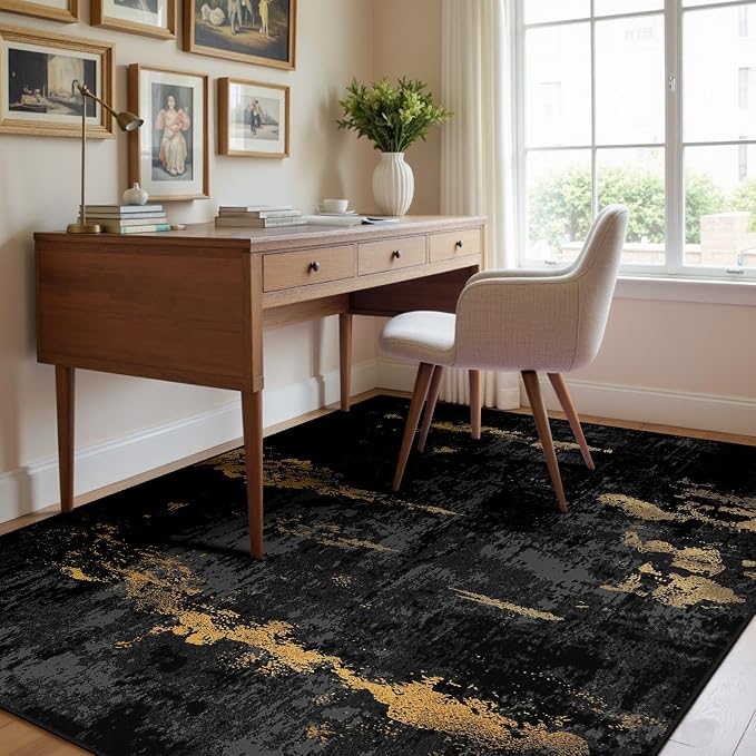 RELEANY Washable 4'x6' Abstract Area Rug for Living Room Black Gold | carpet for bedroom, kitchen, office, hallway and entryway, printed pattern, non-slip, soft, stain-resistant, easy to clean