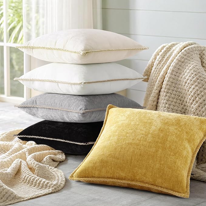decorUhome Soft Chenille Throw Pillow Covers 16x16 Set of 2 Black | Fall Textured Decorative Throw Pillow Cases Stitched Edge Modern Farmhouse Luxury Boho Velvet for Couch Sofa Bed Home Decor