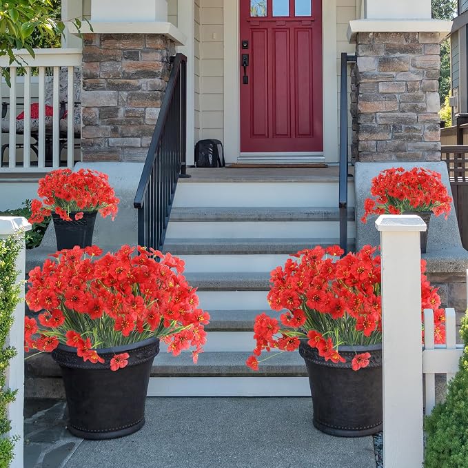 ColoPlay 24 Bundles Red Artificial Flowers for Outdoors, Fake Flowers | Fake Plants Outdoors, UV Resistant Faux Flowers for Indoor Outside Garden Porch Window Box Home Wedding Farmhouse