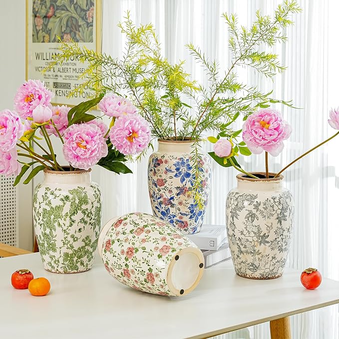 Sungmor Ceramic Flower Vase, Vintage Pink Ice Cracked Glaze Porcelain Vase | Pretty Home Decor Vase for Flower Arrangement, Fresh Flowers, 10.2 Inch Tall Chinoiserie Pottery Vase, Green Floral Pattern