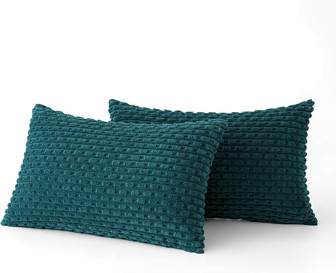 MIULEE Lumbar Decorative Throw Pillow Covers 12x20 Teal Blue Corduroy | Textured Striped Pack of 2 Striped Pillow Covers Modern Farmhouse Home Decor for Couch Bed Sofa Living Room