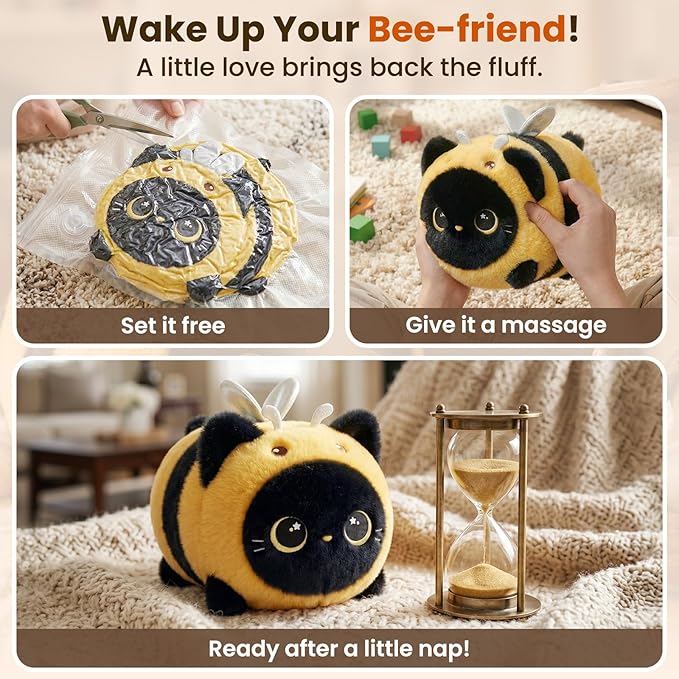 Mewaii Cute Black Cat Bee Plush Pillow, Kawaii Plushies Bee Stuffed Toy, Kitten Plushies with Honeybee Outfit Costume, Soft Squishy Bee Gift for Girls & Kids (8 Inch)