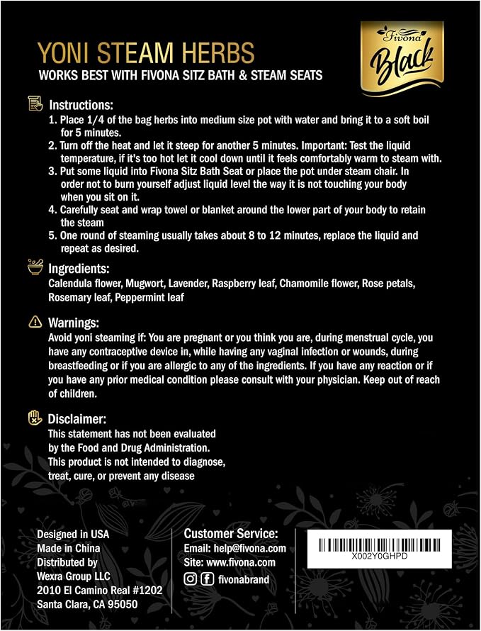 Fivona 3-in-1 Yoni Steam Kit Black - Foldable Over the Toilet Steamer Seat with Herbal Blend and Storage Bag - Effective Detox pH Balance Cleansing and Relaxation - At Home V-SPA