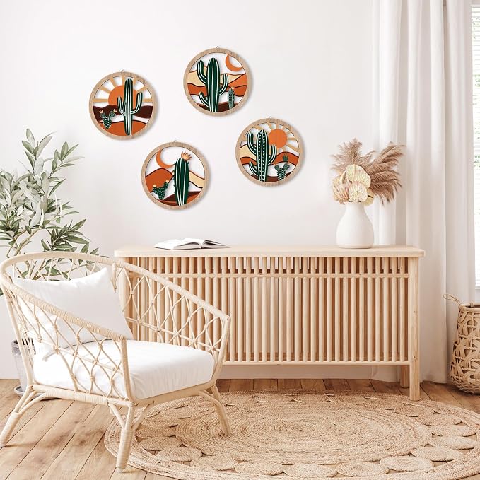 HPNIUB Boho Cactus Wall Decor, Rustic Desert Tropical Botanical Hanging Wood Sign for Living Room, Round Southwest Plant Wooden Plaque, Sun and Moon Wall Art for Apartment Office(10''x10'')
