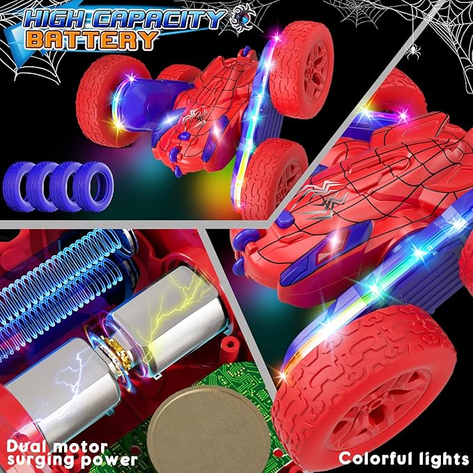 Spider RC Cars Toys for Boys 4-6, 2.4GHz Remote Control Car with 26 LED Light System, 360ยฐ Flips, Changeable Wheels, Rechargeable All-Terrain Truck Gift for Kids Ages 4-8