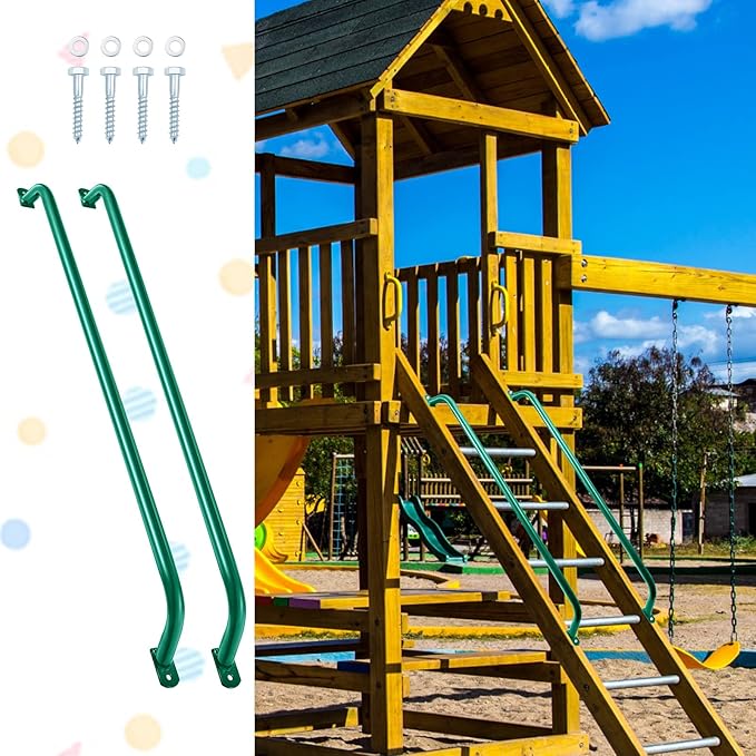 Lounsweer 2 Pcs Playground Accessories Metal Safety Handles Playhouse Ladder Handle Long Grab Handle Bars for Treehouse Rock Climbing Wall Playground (Green,39 Inch)