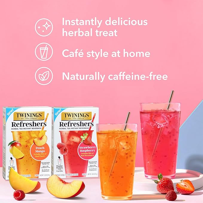 Twinings Strawberry Raspberry Refreshers, Herbal Tea Instant Beverage with Real Strawberry Fruit Bits, 5 Count (Pack of 1), Café Style, No Artificial Sweeteners, Naturally Caffeine-Free, 5 Packets
