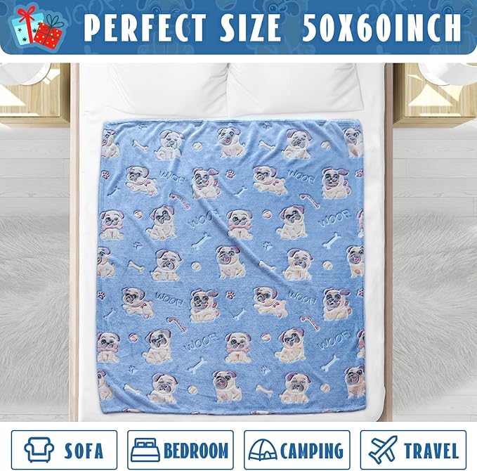 ORDM Glow in The Dark Blanket Dog Pattern Blankets Pug Gifts for Pug Lovers Doggy Throw Blanket Fleece for Kids Adults