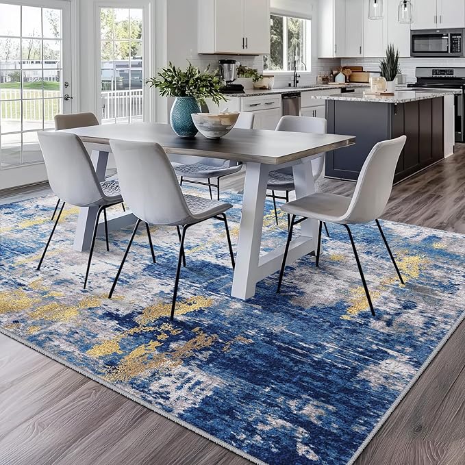 RELEANY Washable Square 9'x9' Area Rug for Living Room Blue Gold | carpet for bedroom, kitchen, office, hallway and entryway, printed pattern, non-slip, soft, stain-resistant, easy to clean