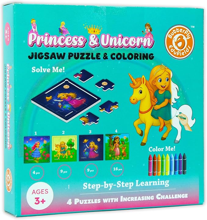 Butterfly EduFields 4-in-1 Princess โ & Unicorn Jigsaw Puzzles for Girls | 38 Pcs Puzzle Toy for Kids Age 3 4 5 6 7 Years | Preschool Learning with Coloring Sheets | Birthday Gift for Girls