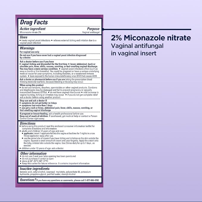 Monistat 7-Day Yeast Infection Treatment for Women, Miconazole Cream (45g Tube) & 7 Applicators, for Relief of Mild Vaginal Itching