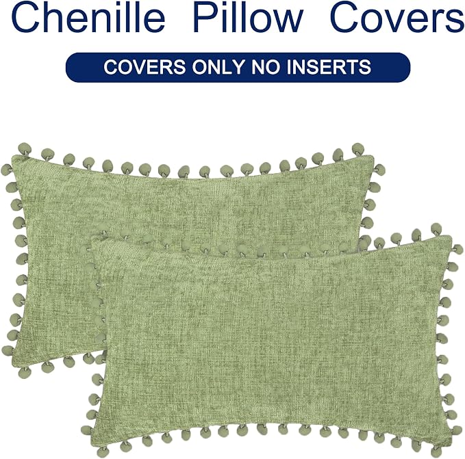 CaliTime Decorative Couch Throw Pillow Covers 20 X 12 Inches Sage | Pack of 2, Cozy Chenille Cushion Cases, with Pom Poms for Sofa Bed Living Room Farmhouse Home