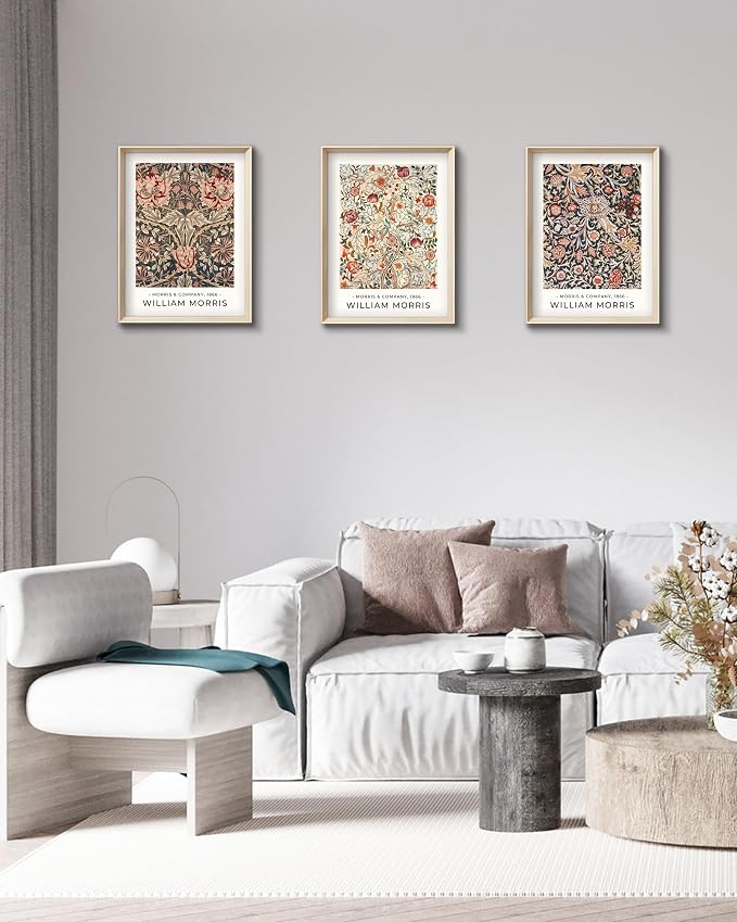 HesenDot William Morris Vintage Framed Wall Art, Floral Canvas Prints | 12x16IN Set of 3, High Framed Design Prints, Vintage Floral Pattern Wall Decor for Living Room Bedroom Bathroom