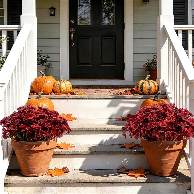 ColoPlay 24PCS Burgundy Artificial Flowers for Outdoors Faux Mums Plant | Artificial Mums for Outdoors/Indoors Faux Mums for Planters, Fall Flowers for Decoration Garden Porch Box Home Farmhouse