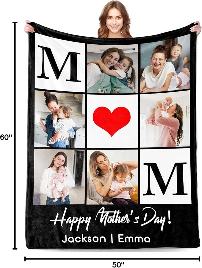 Personalized Mothers Day Birthday Gifts for Mom from Daughter Son Kids Husband Custom Blanket with Picture Mother's Day Blankets Customized Valentines Memorial Christmas Anniversary Mom's Gifts