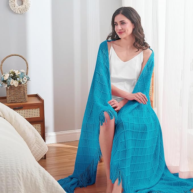 inhand Teal Knitted Throw Blanket for Couch and Bed, 50"x60" | Soft Living Room Home Decor Knitted Blanket, Tassel, Outdoor Lightweight Breathable Summer, Farmhouse Warm Woven Decorative