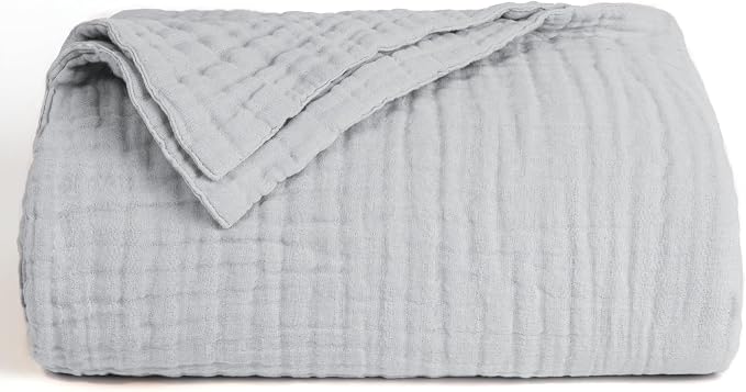 Love's cabin 100% Cotton Muslin Blanket, 6 Layer Lightweight Breathable Gauze Queen Size Blanket 90 x 90 Inches, Soft All Season Blanket for Bed, Light Grey