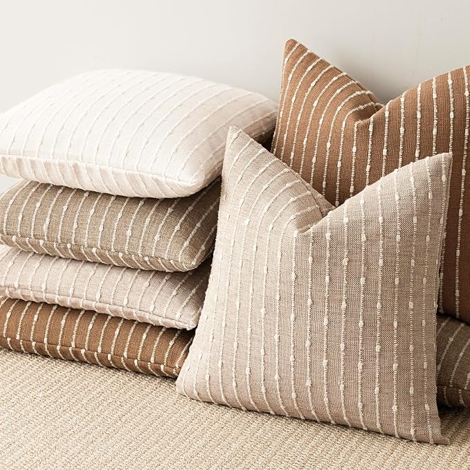 Foindtower Pack of 2 Decorative Jacquard Boucle Throw Pillow Covers Accent Textured Striped Pillowcases Soft Boho Modern Cushion for Couch Sofa Bedroom Living Room Home Decor 22x22 Inch Rust Tobacco