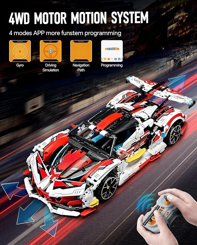 1:10 Race Car MOC Building Kit and Engineering Toy, Adult Collectible Sports Car Technology Car Building Kit, Remote Control Scale Sports Car Model for Adults Men Teens(2277 Pcs)