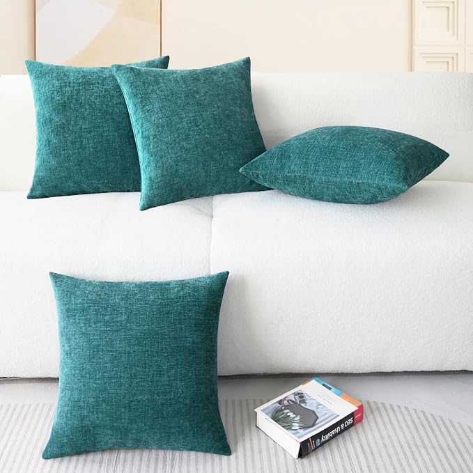 CaliTime Decorative Couch Throw Pillow Covers 18 X 18 Inches Teal | Pack of 4, Cozy Chenille Cushion Cases for Sofa Bed Living Room Farmhouse Home