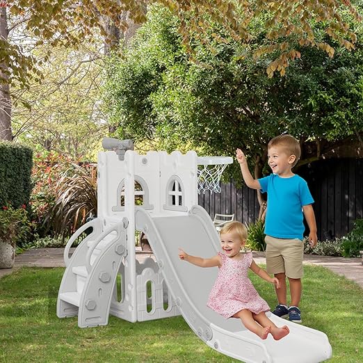 6 in 1 Toddler Slide,Kids Climber Slider for Indoor Outdoor Playground with Basketball Hoop,Storage and Telescope,L Shaped Slide for Toddler Climber Playset