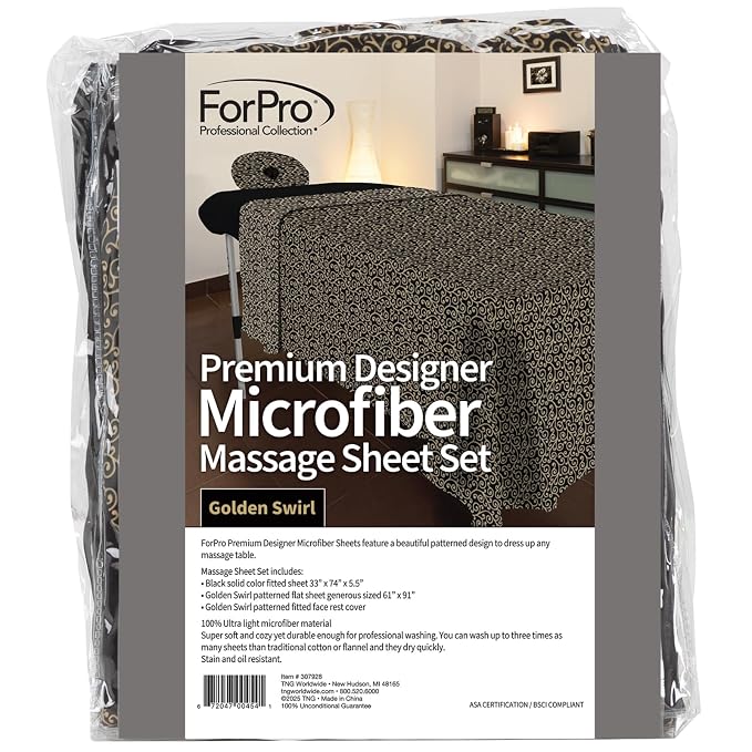 ForPro Premium Designer Microfiber 3-Piece Massage Sheet Set, Golden Swirl with Black Fitted Sheet