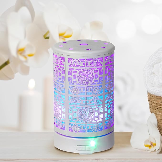 AROMAR Essential Ultrasonic Oil Diffuser Cool Mist Humidifier & Aromatherapy Metal Diffusers for Essential Oils with Auto Shut-Off and 7 Colors LED for Home and Office (White Oriental)
